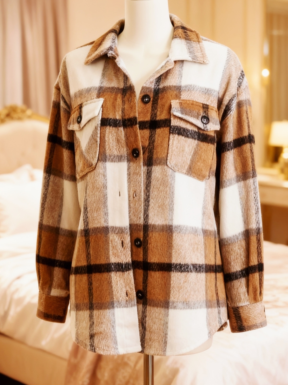 Trendy Queen Tan Plaid Shacket Large NWT Fleece Button Down Shirt Jacket